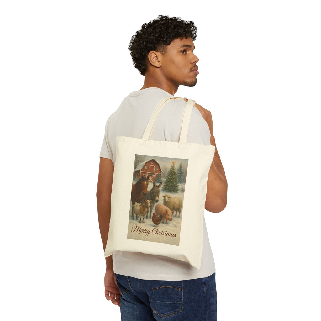 Merry Christmas Farm Animals Canvas Tote — "May All Your Dreams Come True" Holiday Shopping Bag