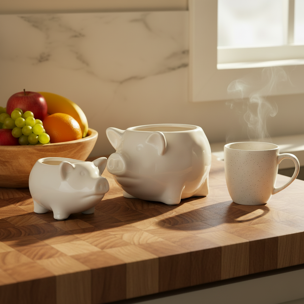 Both pig planters on butcher block counter