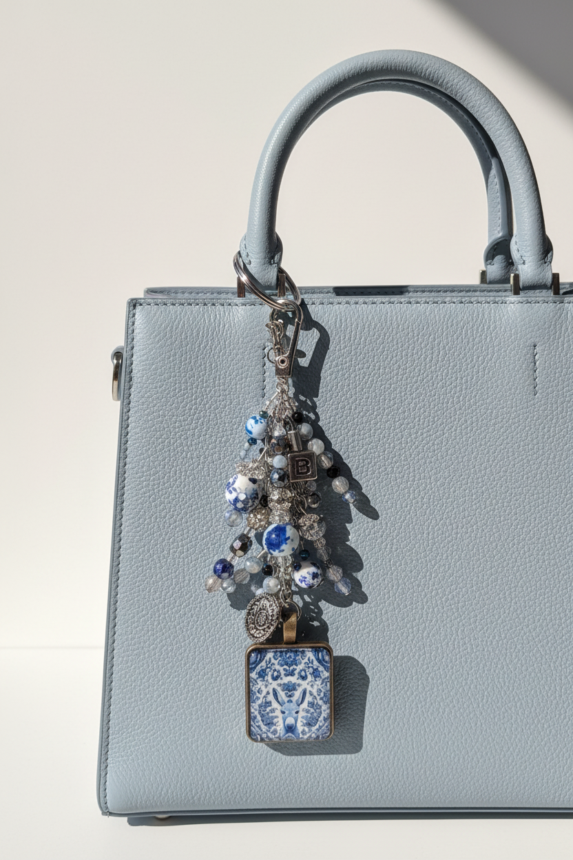 Delft Donkey Dangle Hanging Naturally on Cream Purse