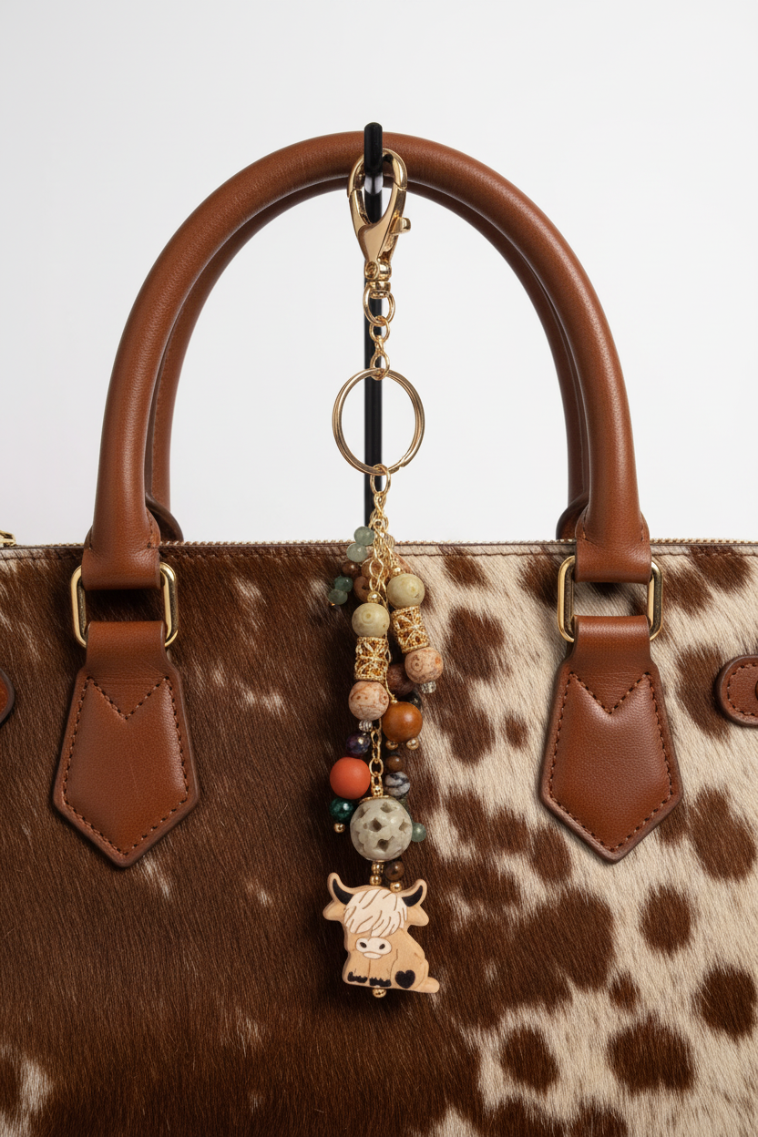 Highland Cow Dangle on Brown Cowhide Purse