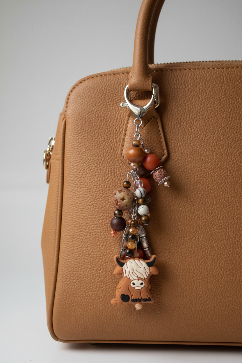 Highland cow dangle on tan leather purse