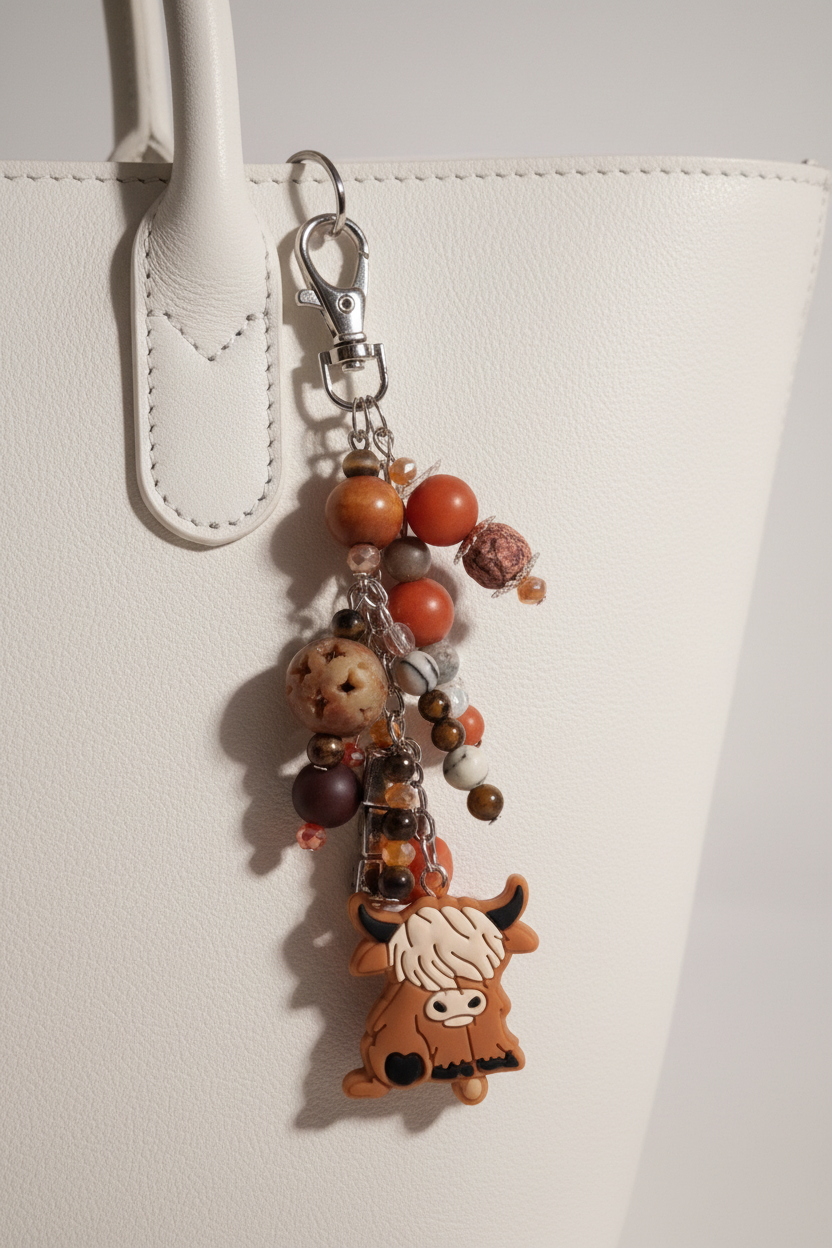 Highland cow dangle on white leather tote