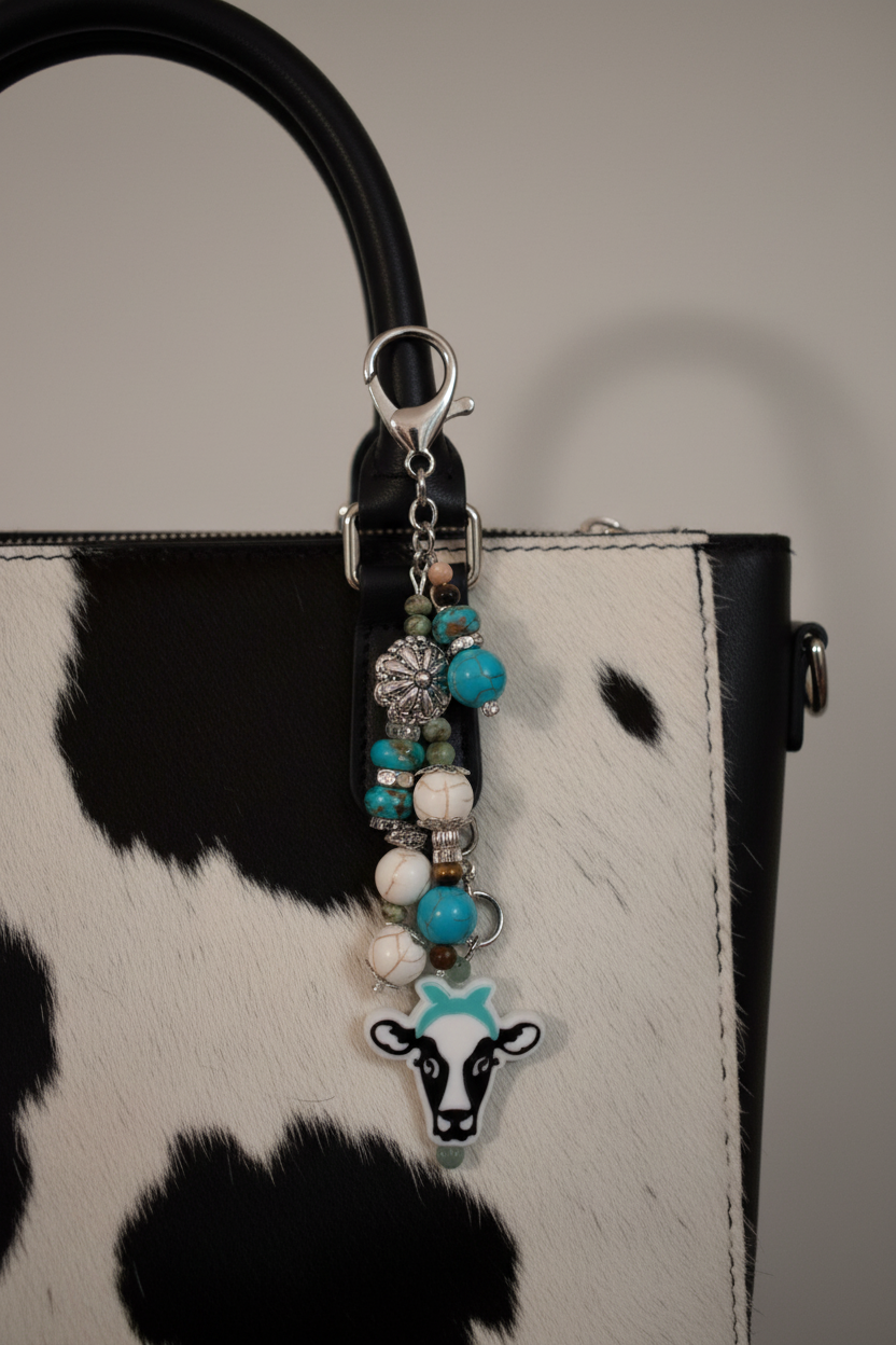 Holstein Cow Dangle on Black & White Cowhide Purse