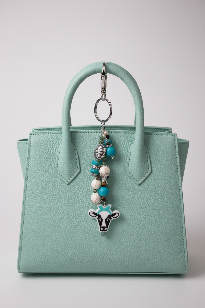 Holstein Cow Dangle on Light Aqua Purse