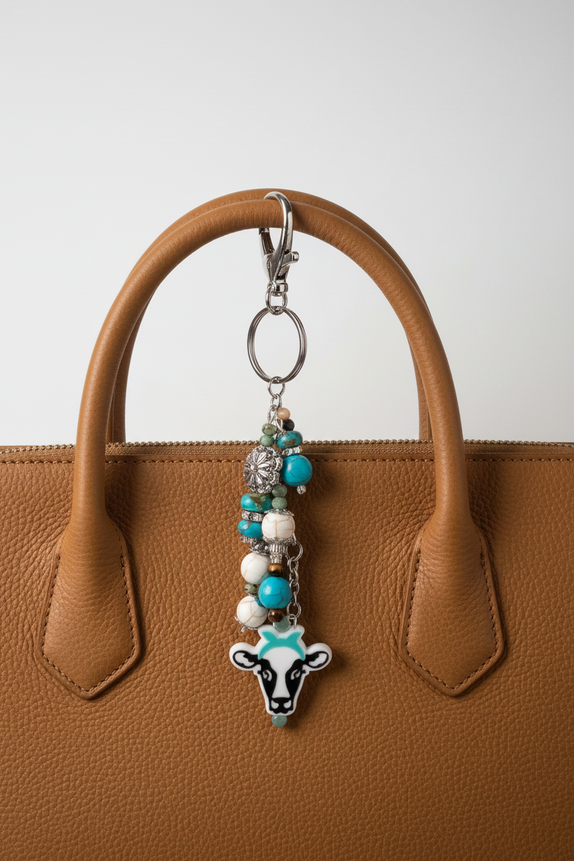 Holstein Cow Dangle on Tan Leather Purse