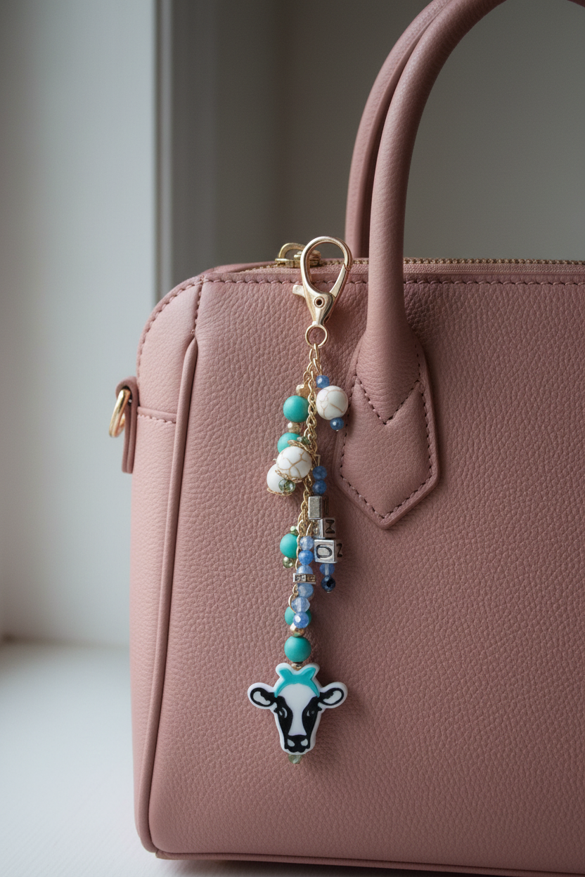 Holstein MOO dangle on dusty rose purse
