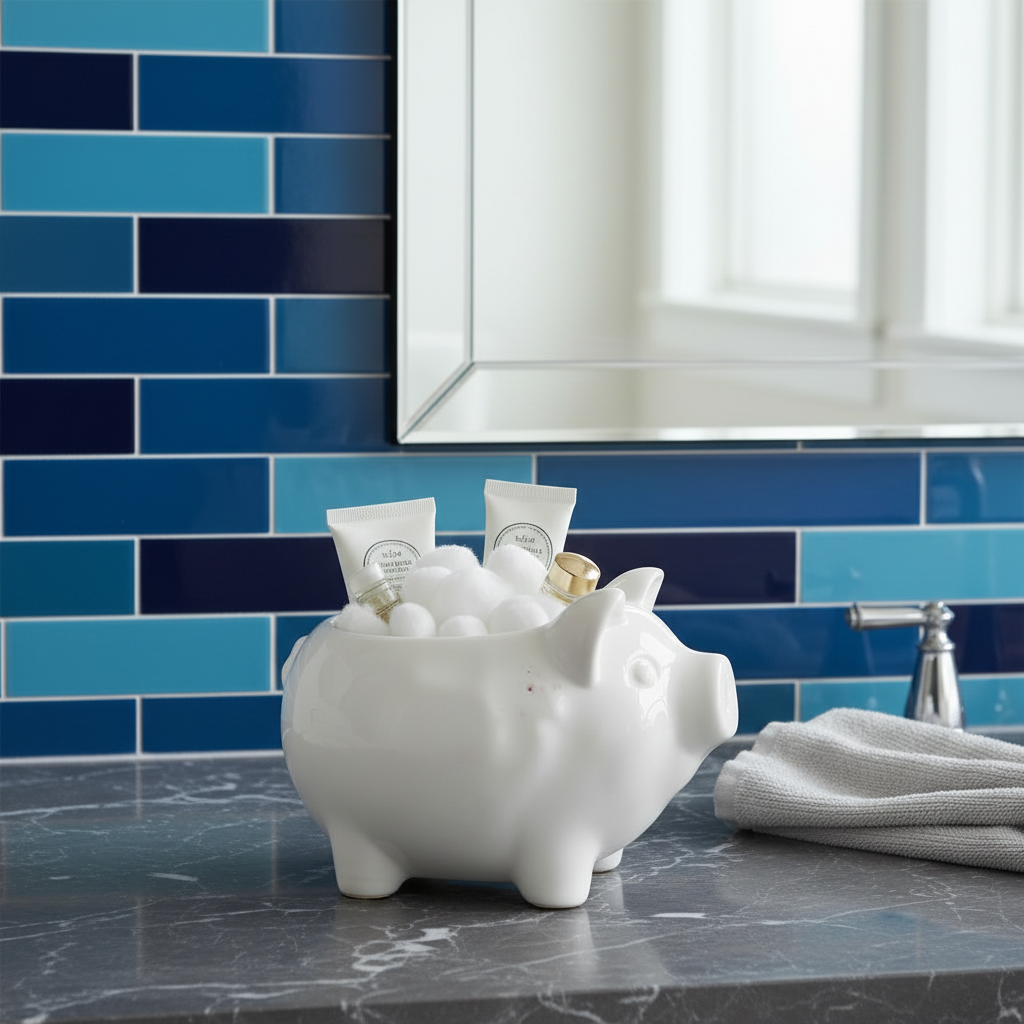 Pig planter with blue rectangular tiles and dark counter