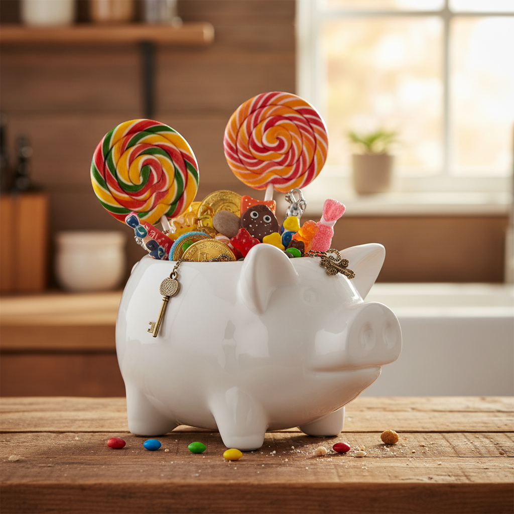 Pig planter with candy on kitchen counter
