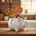 Pig planter with candy on kitchen counter