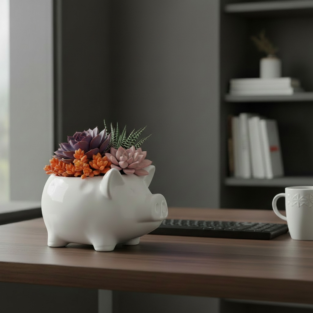 Pig planter with slightly fewer colorful succulents