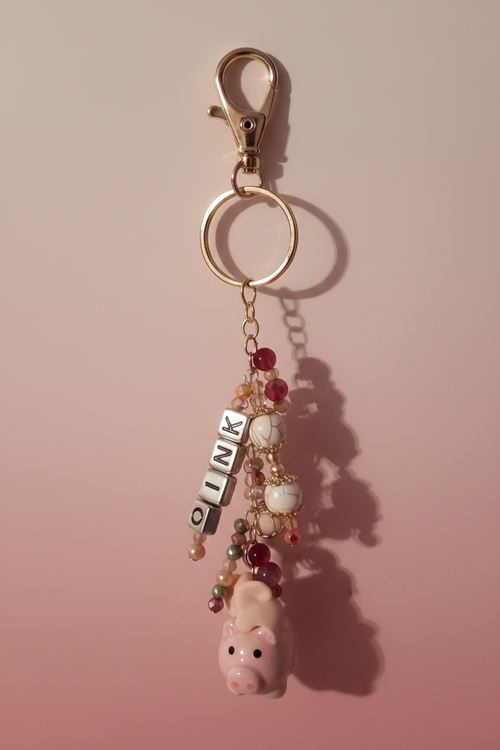 Piggy dangle on blush pink background