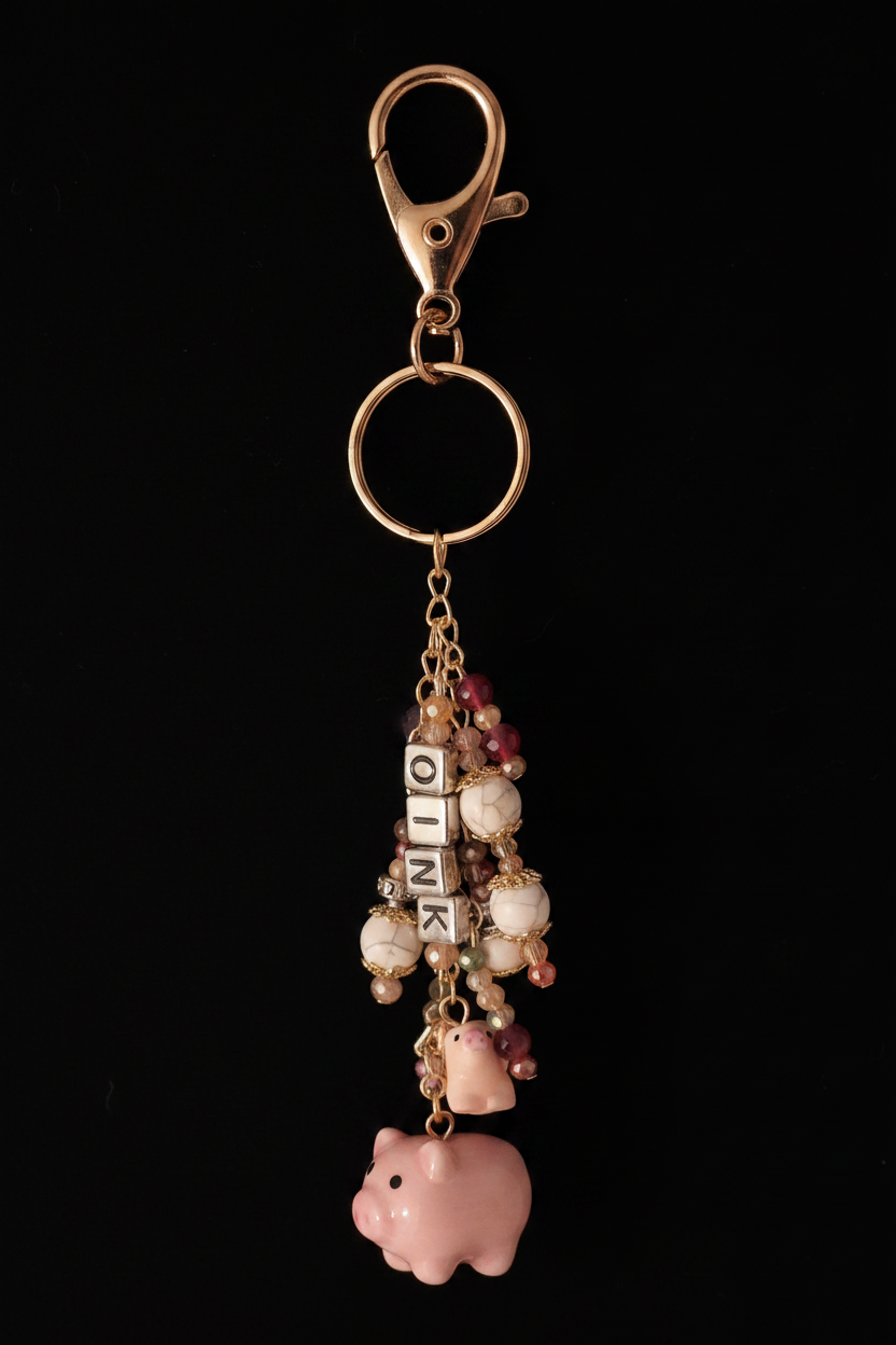 Piggy purse dangle full item on black background