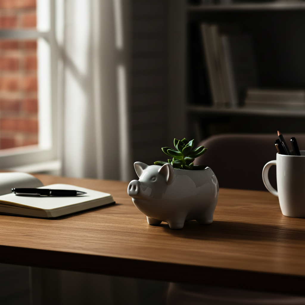 Small pig planter on desk high contrast