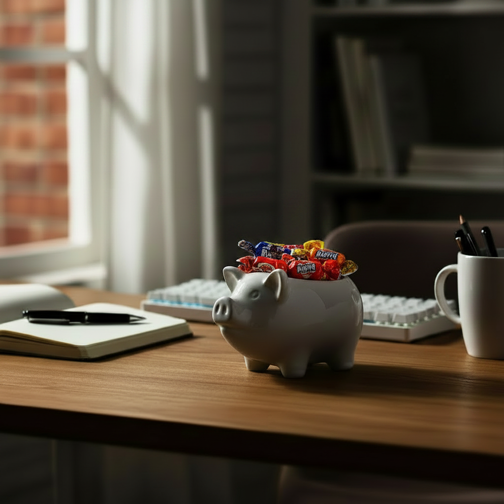 Small pig planter with modest candy on desk