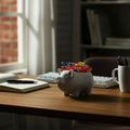 Small pig planter with modest candy on desk